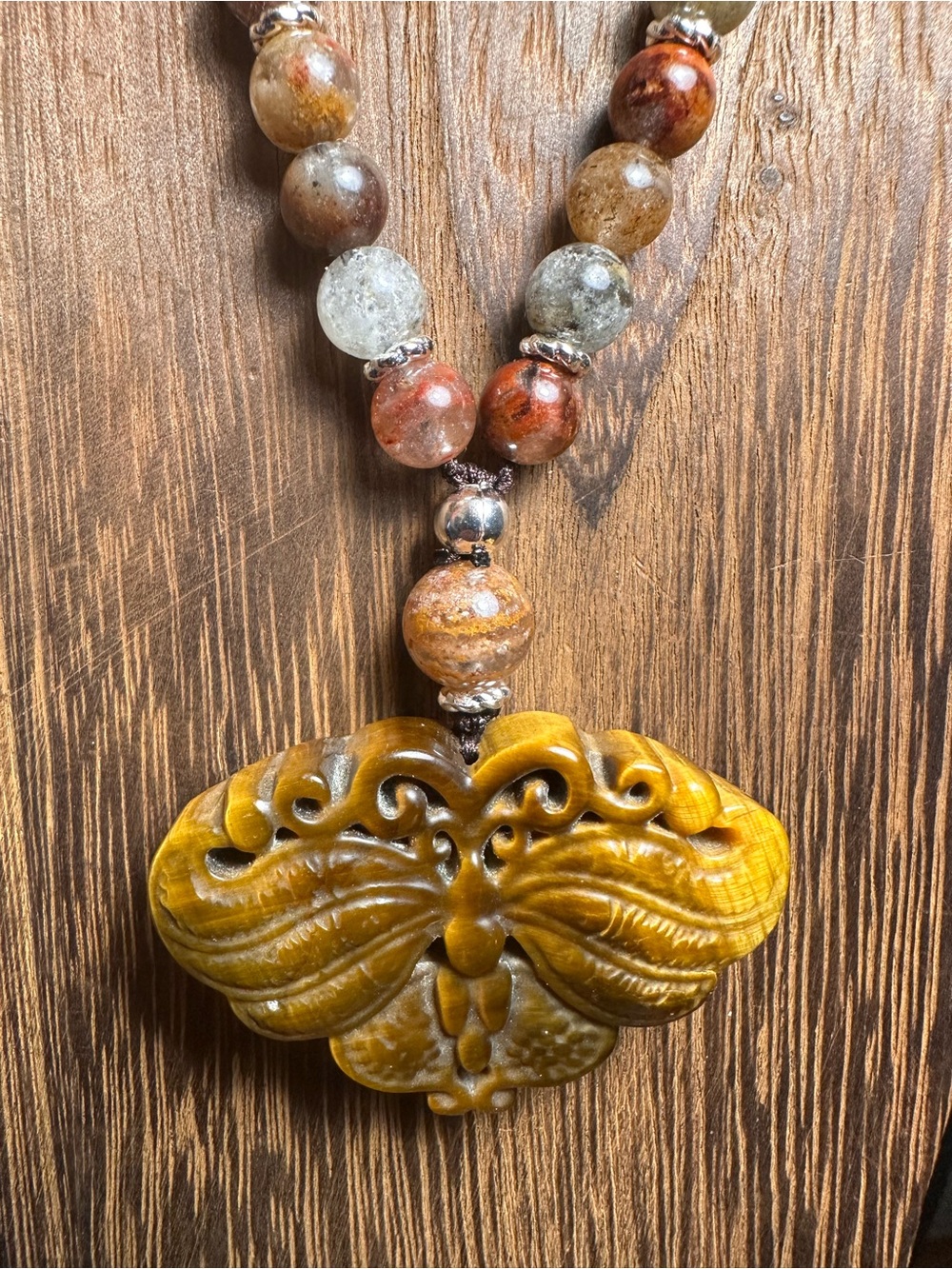 Tiger’s Eye Moth Pendant Necklace on Half Beaded Brown Adjustable Rope - Picture 10 of 15
